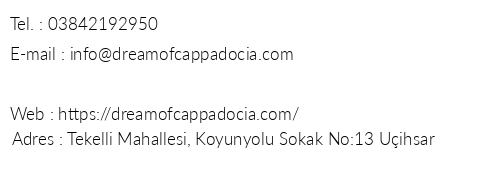 Dream Of Cappadocia telefon numaralar, faks, e-mail, posta adresi ve iletiim bilgileri